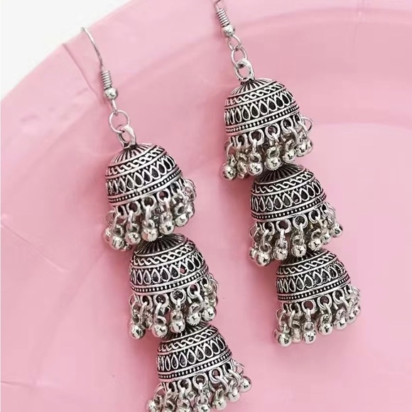 3 Bell Retro bohemian Dangle Jhumka Earrings - Picture 4 of 7